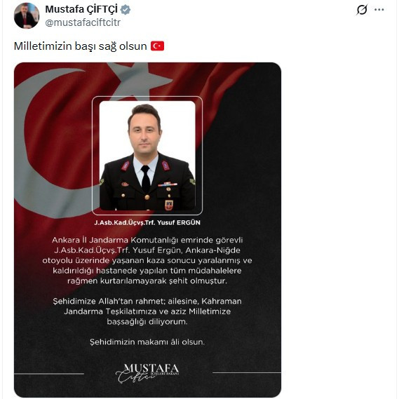 Yoldaki lastikleri temizlerken aracın çarptığı Jandarma Astsubay Üstçavuş Yusuf Ergün şehit oldu