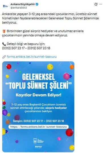 Ankara Büyükşehir Belediyesi'nden “Geleneksel Toplu Sünnet Şöleni” çağrısı