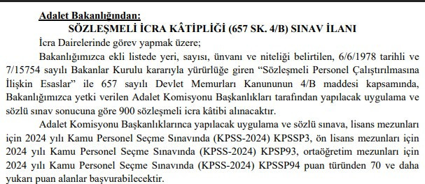 Adalet Bakanlığı, 900 sözleşmeli icra katibi alımı yapacak