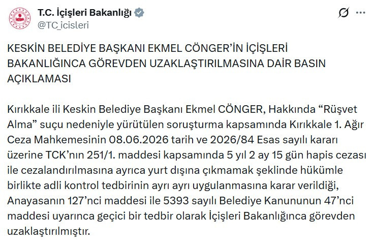 İçişleri Bakanlığı, Kırıkkale Keskin Belediye Başkanı Ekmel Cönger'i görevden uzaklaştırdı