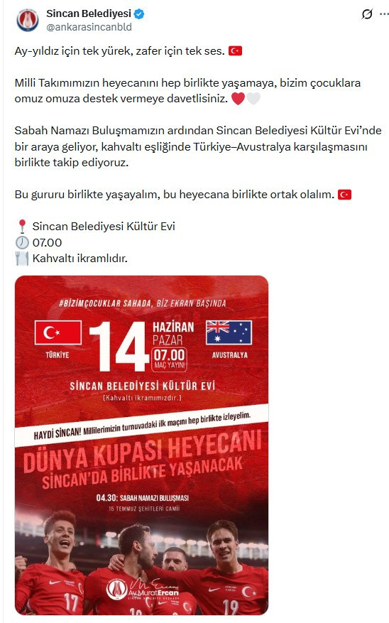 Sincan'da milli maç heyecanı Kültür Evi'nde yaşanacak!