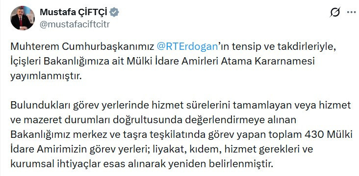 Bakan Mustafa Çiftçi: "430 Mülki İdare Amirimizin görev yerleri yeniden belirlendi"