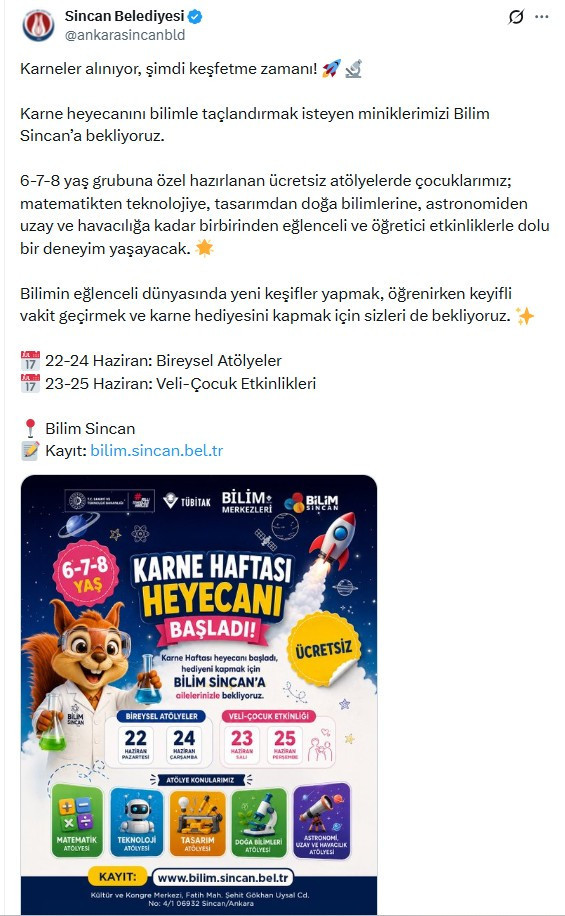 Bilim Sincan'da çocuklar için ücretsiz etkinlikler düzenlenecek
