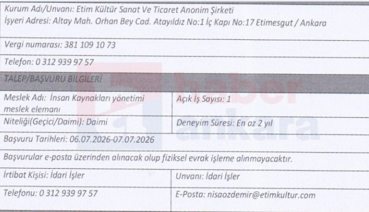 Etimesgut Belediyesinin şirketine insan kaynakları yönetimi meslek elemanı alınacak