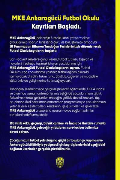 MKE Ankaragücü Futbol Okulu kayıtlarının başladığı açıklandı