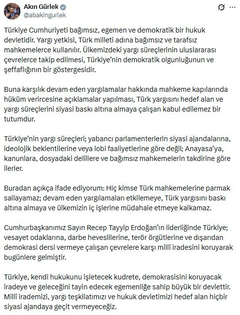 Akın Gürlek: "Hiç kimse Türk mahkemelerine parmak sallayamaz"