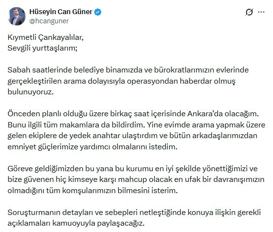 Çankaya Belediye Başkanı Güner'den operasyon sonrası ilk açıklama!