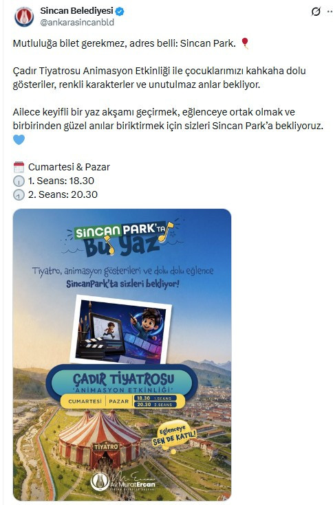 Sincan'da hafta sonu minikler için çadır tiyatrosu etkinliği devam ediyor!