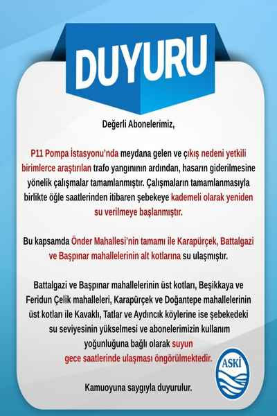 ASKİ, P11 Pompa İstasyonu’nda meydana gelen arızanın giderildiğini duyurdu