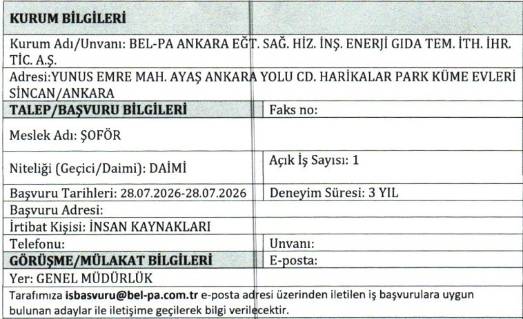 ABB Bel-Pa Ankara daimi şoför alımı yapacak