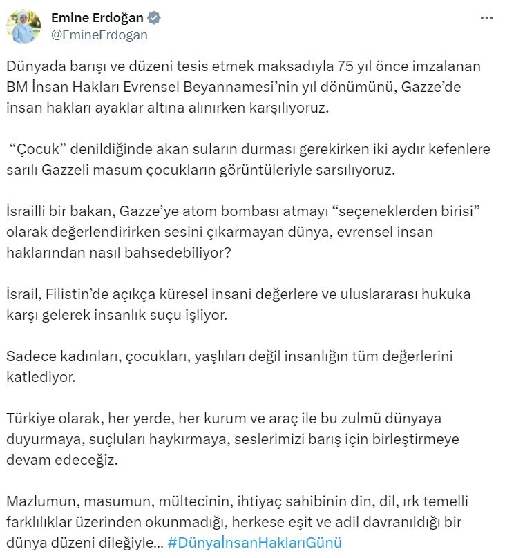 Emine Erdoğan'dan Dünya İnsan Hakları Günü paylaşımı!