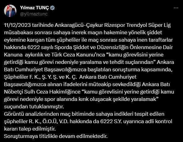 Bakan Tunç duyurdu! Ankaragücü Başkanı Koca ve beraberindeki 2 kişi tutuklandı