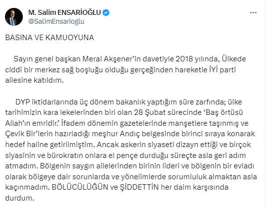 İYİ Parti İstanbul Milletvekili Salim Ensarioğlu istifa ettiğini duyurdu! - Resim : 2