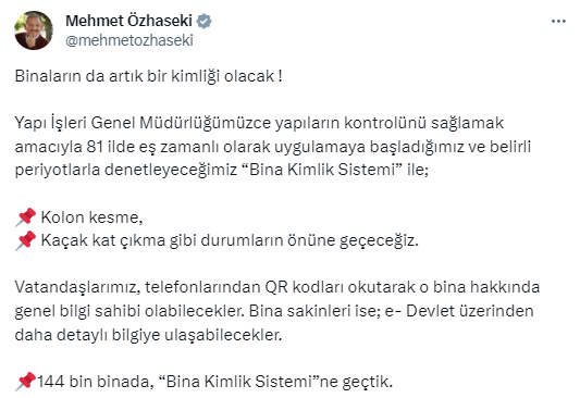 Bakan Özhaseki açıkladı! Bina Kimlik Sistemi hayata geçirildi