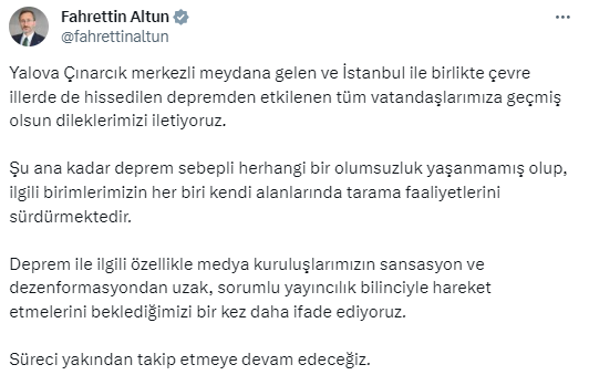 Cumhurbaşkanlığı İletişim Başkanı Altun depremle ilgili sorumlu yayıncılık çağrısında bulundu!