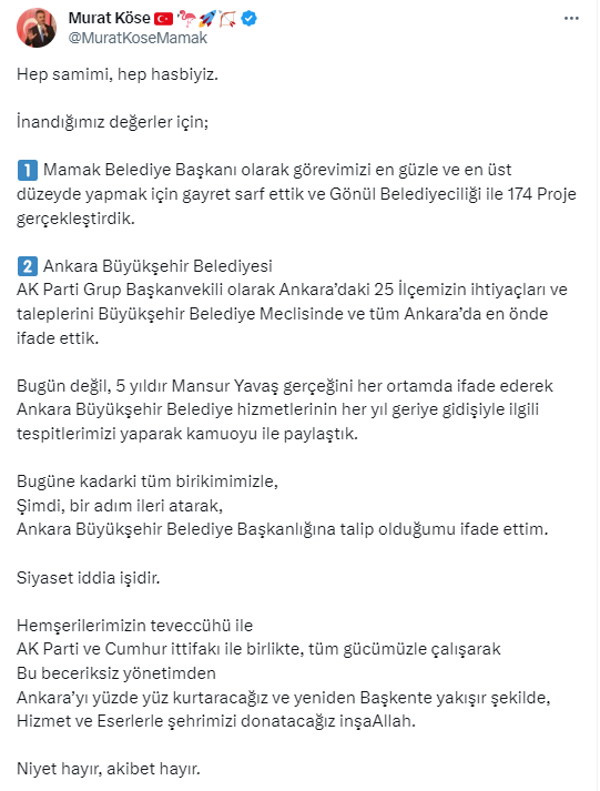 ABB başkan adaylığını duyuran Mamak Belediye Başkanı Murat Köse'den açıklama! Siyaset iddia işidir