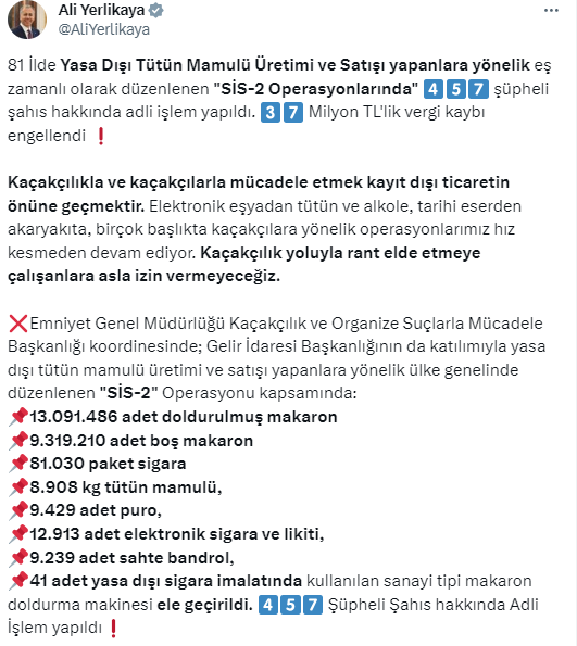 Bakan Yerlikaya duyurdu! Tüm Türkiye'de yasa dışı tütün mamulü üretimi ile satışı yapanlara yönelik operasyon