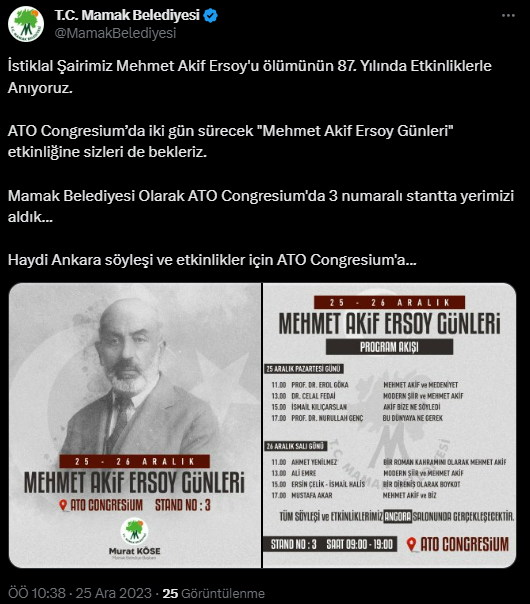 Mamak Belediye'si ATO Congresium'da Mehmet Akif Ersoy'u anıyor!