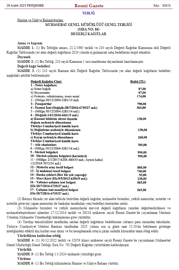 Resmi Gazete'de yeni zamlar duyuruldu! 2024 kimlik, pasaport, ikamet, noter, sürücü belgesi fiyatları açıklandı - Resim : 3