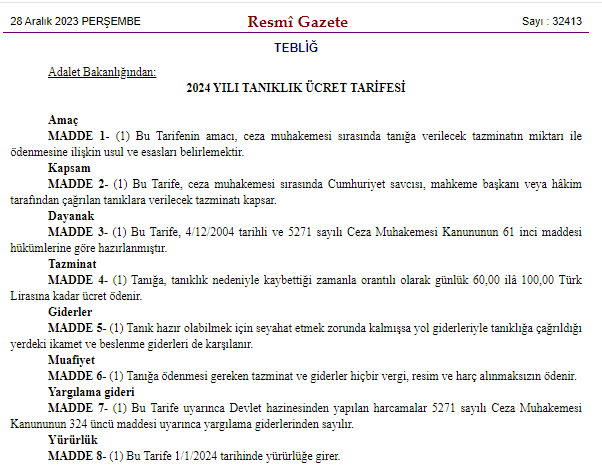 Adalet Bakanlığı tarafından Resmi Gazete'de yayımlanan Tebliğ ile 2024 yılı tanıklara ödenecek ücretler belli oldu! - Resim : 4