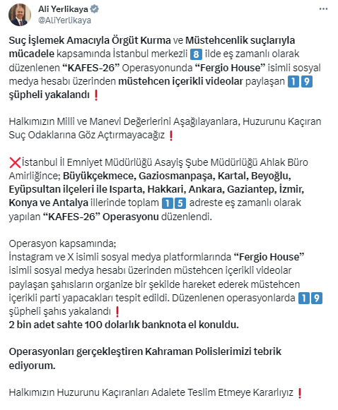 Bakan Yerlikaya açıkladı! Ankara dahil 8 ilde müstehcen görüntüler paylaşanlara yönelik Kafes-26 operasyonu - Resim : 2