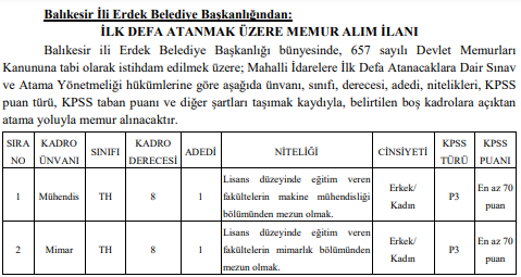 Belediyeye ilk defa atanmak üzere memur alınacak! İşte başvuru şartları