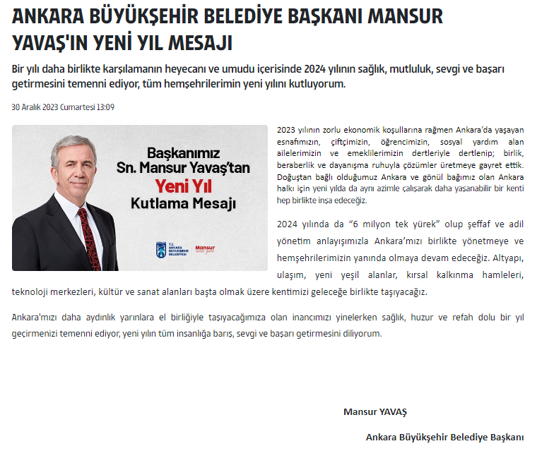 Ankara Büyükşehir Belediyesi Başkanı Mansur Yavaş yeni yıl mesajını yayımladı! - Resim : 2