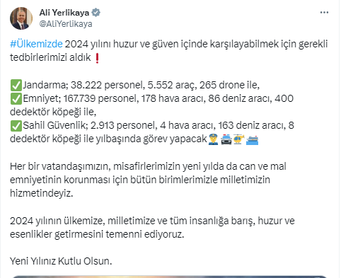 Bakan Yerlikaya yılbaşı kutlamaları için 167 bin emniyet personelinin sahada olacağını duyurdu!