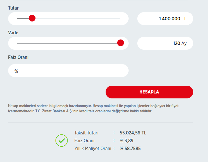 Ziraat Bankası 1 milyon 400 bin TL konut kredisi taksit tablosu açıklandı