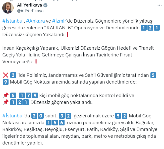 Ankara dahil 3 ilde düzensiz göçmenlere yılbaşı gecesi Kalkan-6 operasyonu!