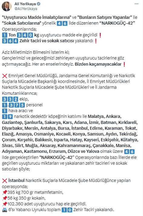 Bakan Yerlikaya Ankara dahil 46 ilde yasaklı madde operasyonunu duyurdu! 364 zehir taciri yakalandı