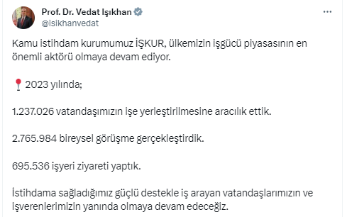 Bakan Işıkhan 2023 yılı verilerini açıkladı! 1 milyonun üzerinde vatandaşın işe yerleştirilmesine aracılık edildi