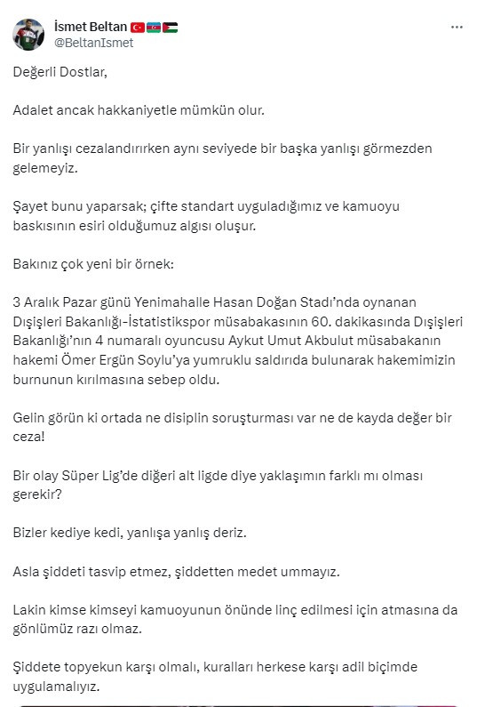 Amatör Lig'deki yumruklu saldırıya İsmet Beltan'dan tepki! Adalet ancak hakkaniyetle mümkün olur