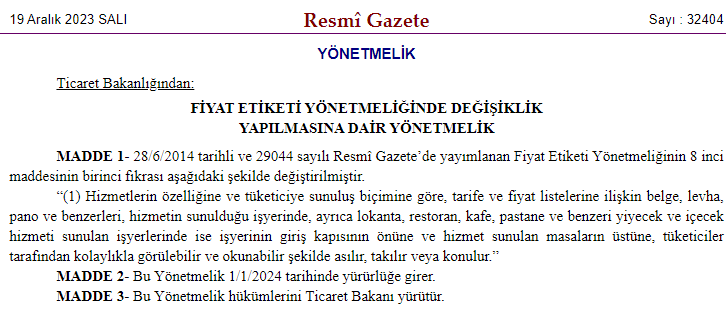 Restoran ve kafelere fiyat listesi zorunluluğu getirildi!