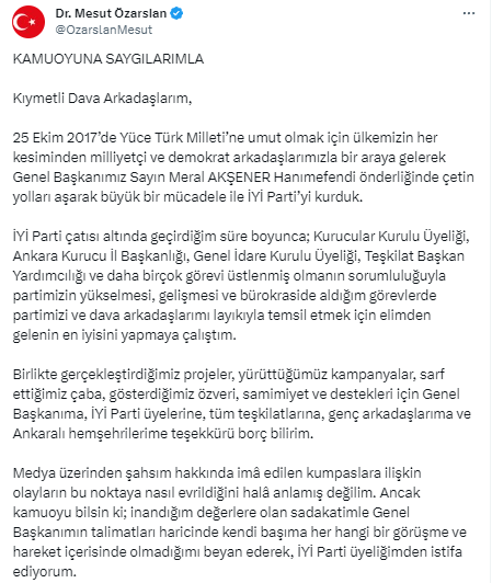 İYİ Parti Ankara eski İl başkanı Mesut Özarslan istifa etti!