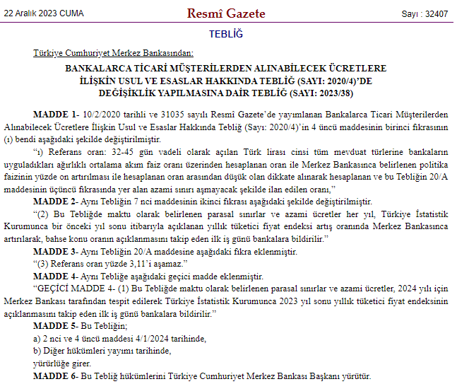 Bankalarca ticari müşterilerden alınabilecek ücretlere ilişkin tebliğ yayımlandı!