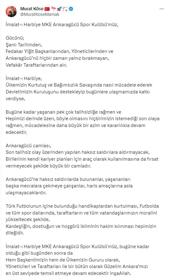 Mamak Belediye Başkanı Köse'den Ankaragücü'ne destek açıklaması