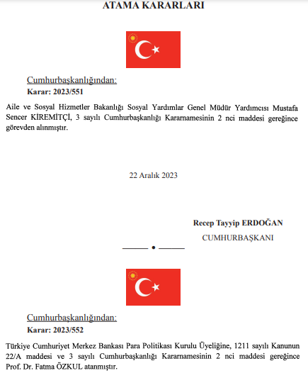 23 Aralık tarihli atama kararları Resmi Gazete'de yayımlandı!