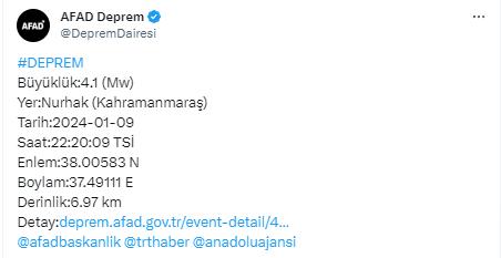 AFAD son dakika duyurdu! Kahramanmaraş'ta 4,1 büyüklüğünde deprem meydana geldi