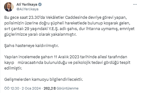 Ankara'da polislerin üzerine koşan şahıs etkisiz hale getirildi!