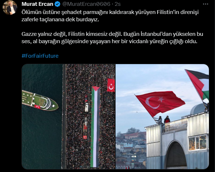 Sincan Belediye Başkanı Ercan'dan İstanbul'da yapılan Filistin yürüyüşüne destek!