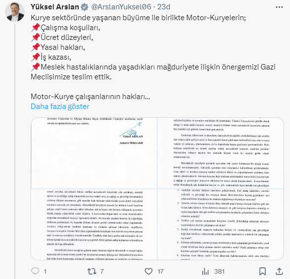 İYİ Partili Arslan duyurdu! Motokuryelerin sorunları Meclis'te